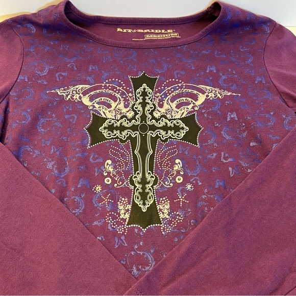 Bit & Bridle Womens Purple Long Sleeve Black Cross Rhinestone Pullover Shirt M - Picture 14 of 14